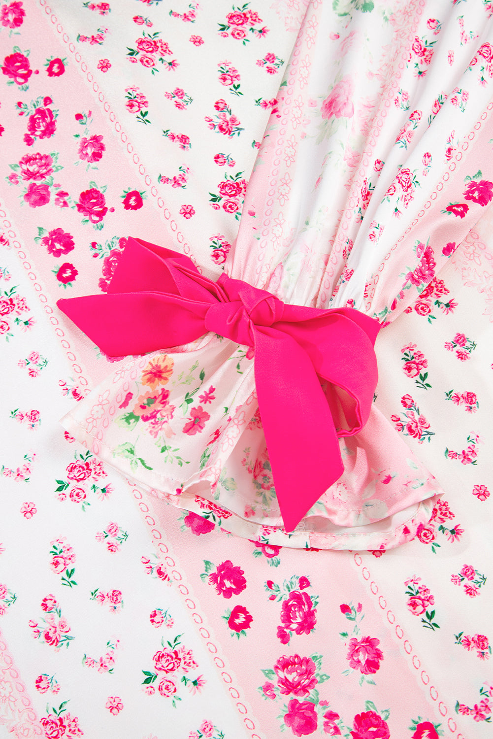 Pink Mixed Floral Print Contrast Piping Trim Satin Tie Pyjama Set - eAura