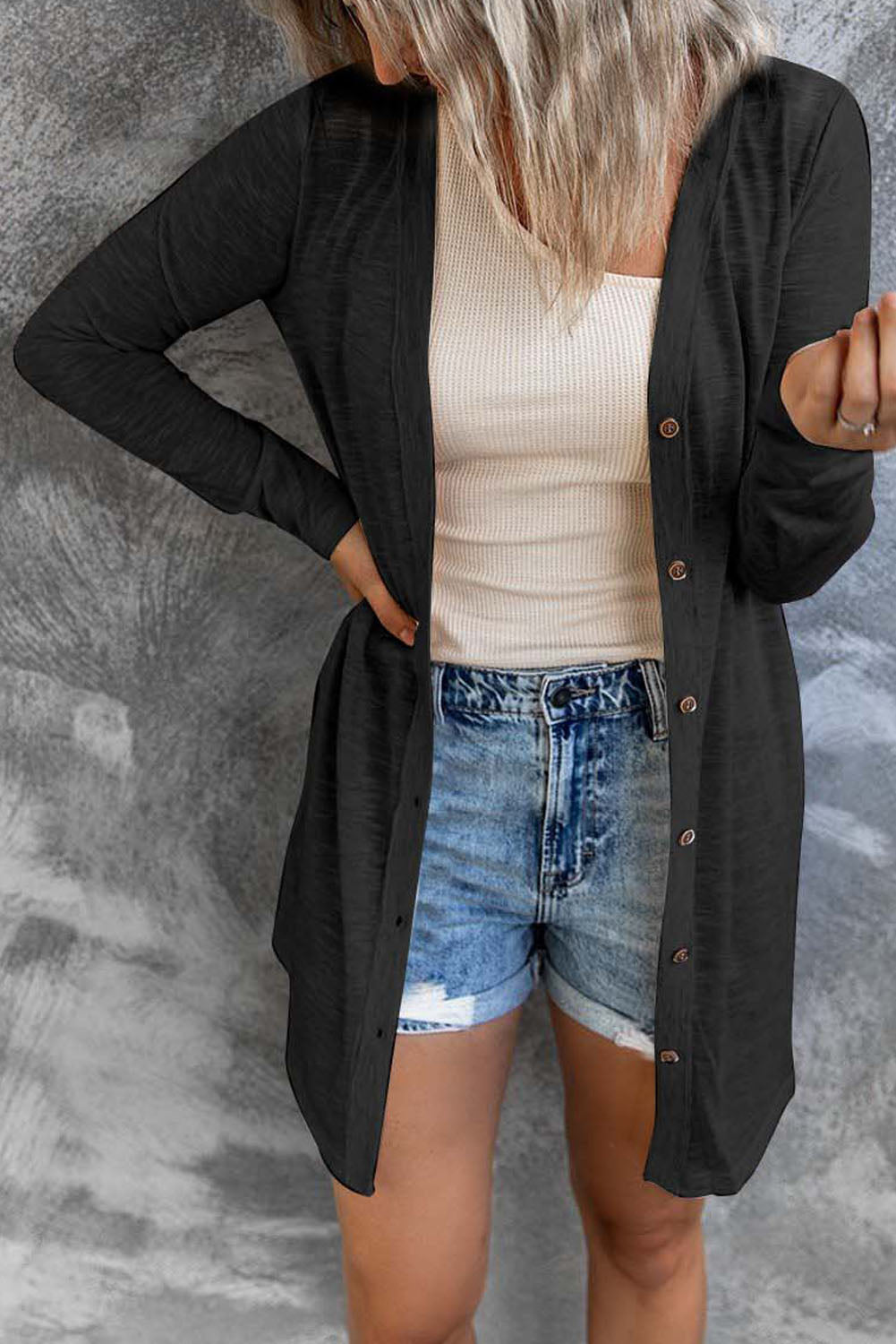 Black Solid Colour Open-Front Buttons Cardigan eAura