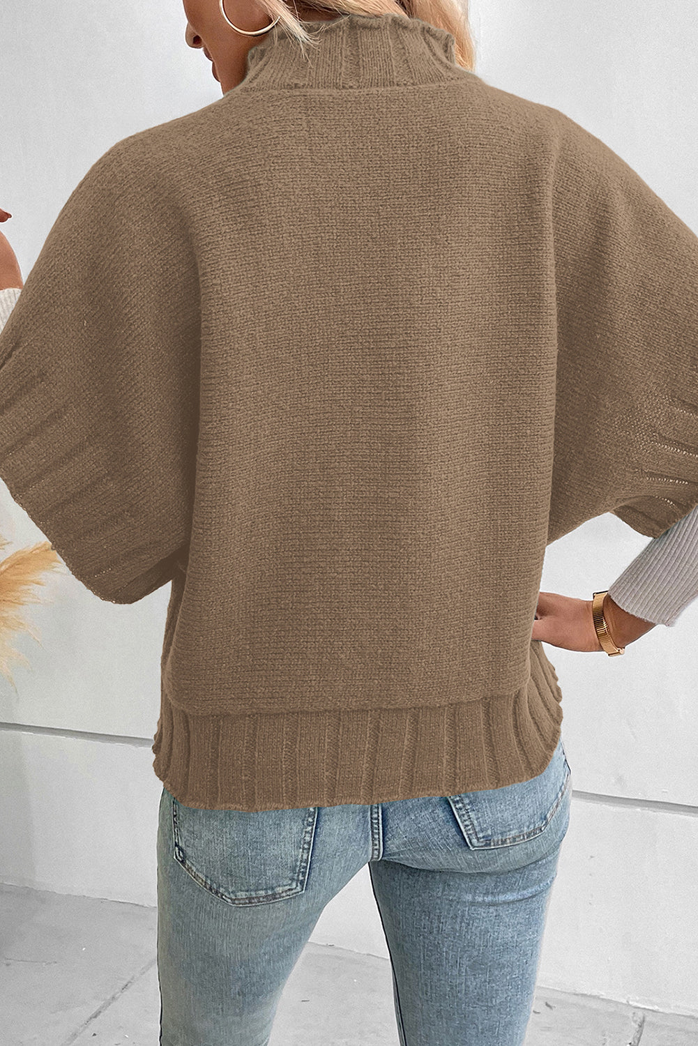 Blackish Green Mock Neck Batwing Short Sleeve Knit Sweater eAura