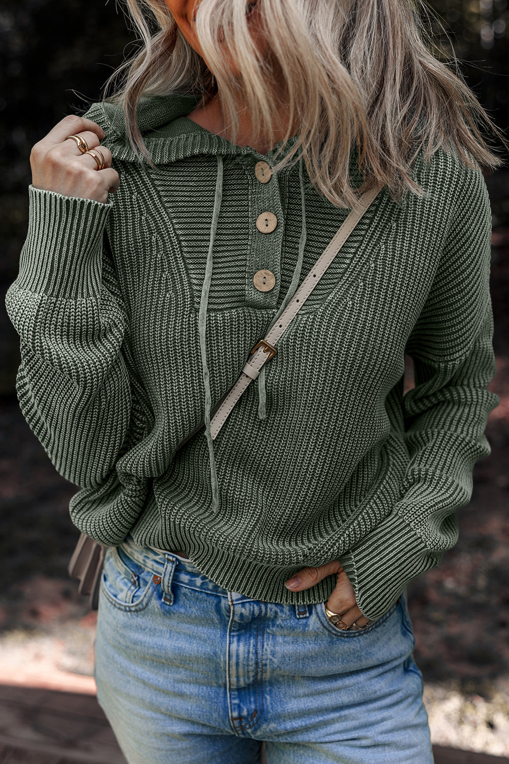 Mineral Wash Ribbed Button Drawstring Neck Hooded Sweater - eAura