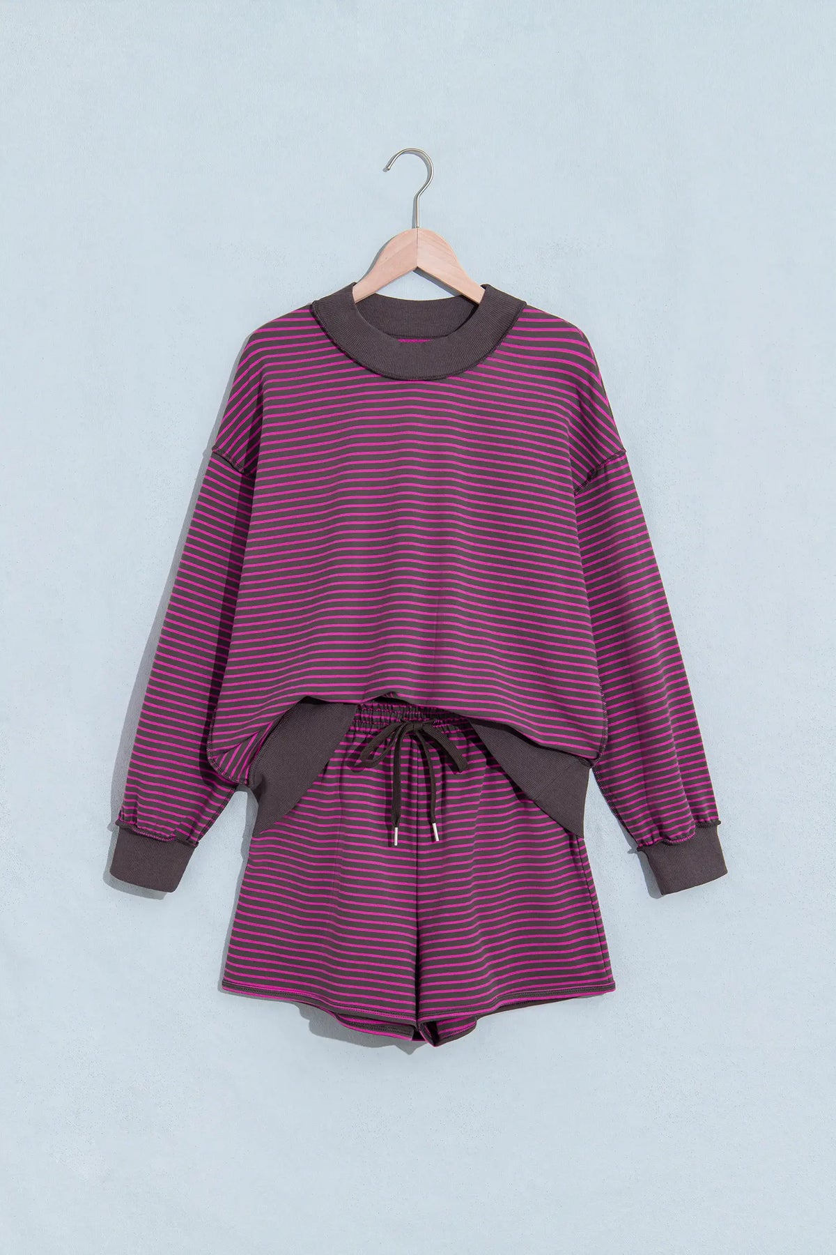 Ribbed Patchwork Mock Neck Baggy Pullover Matching Shorts Set – Blue Stripe