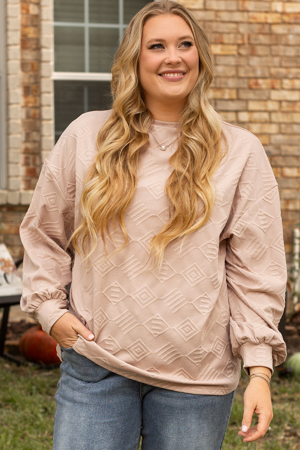 Parchment Plus Size Textured Drop Shoulder Crew Neck Sweatshirt Beagle Boutique Fashion Outlet