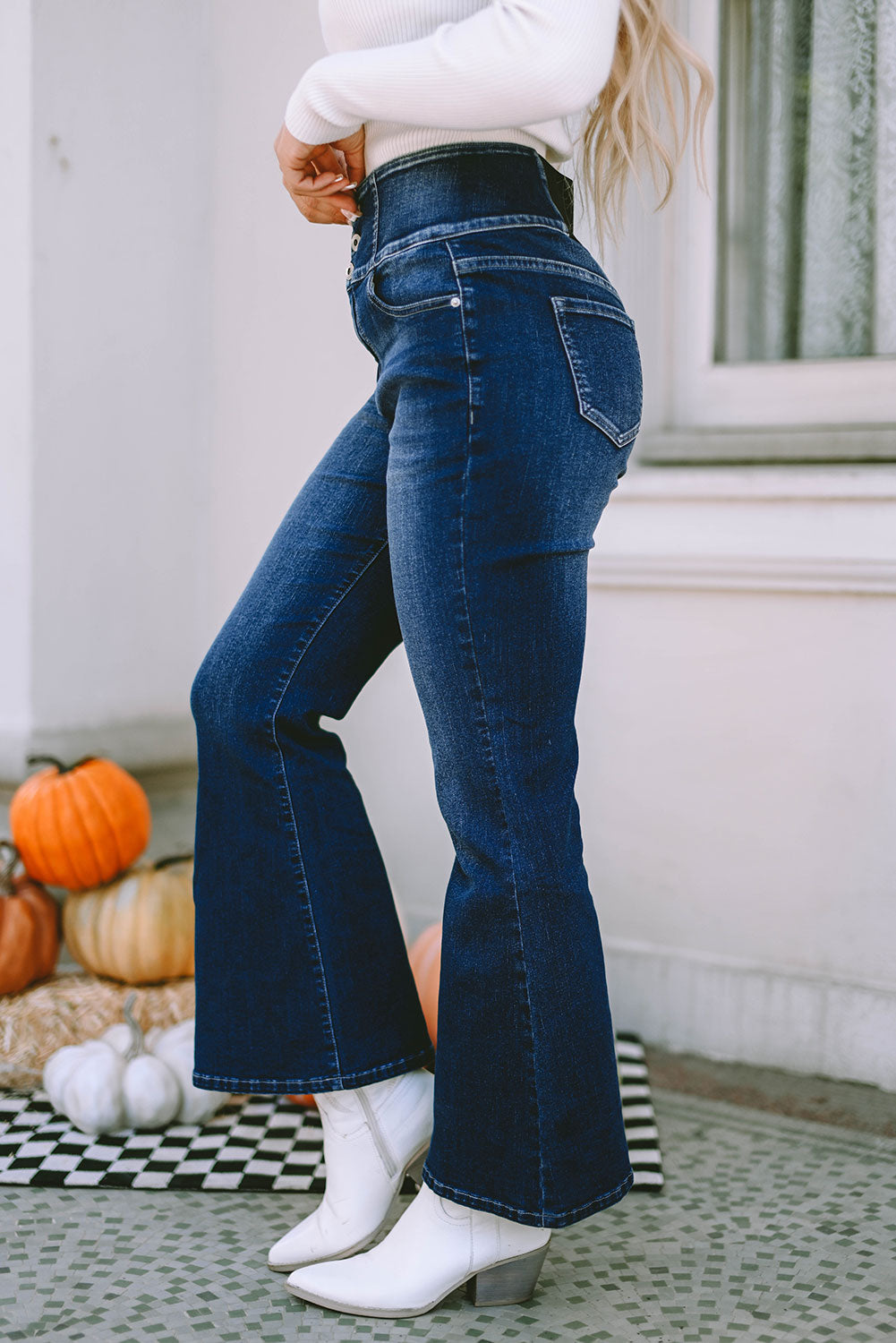 Blue Buttons Elastic Wide Waistband Back Flare Jeans BB Fashion Outlet