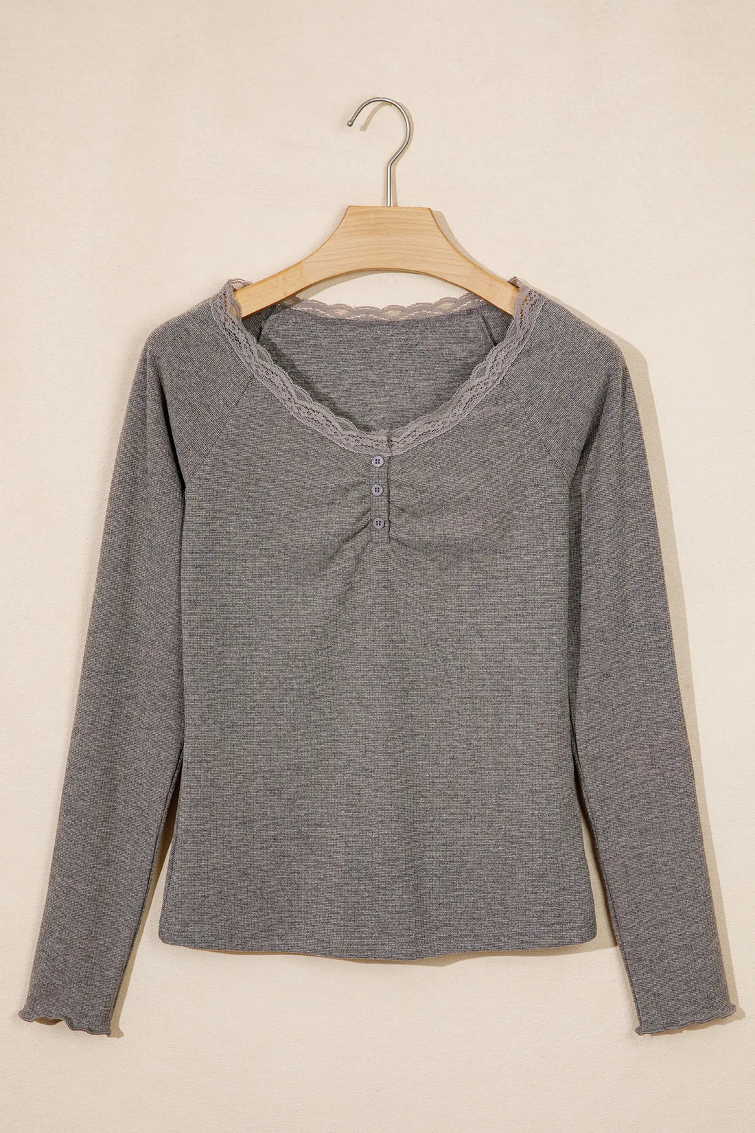 Medium Grey Solid Color Ribbed Lace Trim V-Neck Button Detail Long Sleeve Top