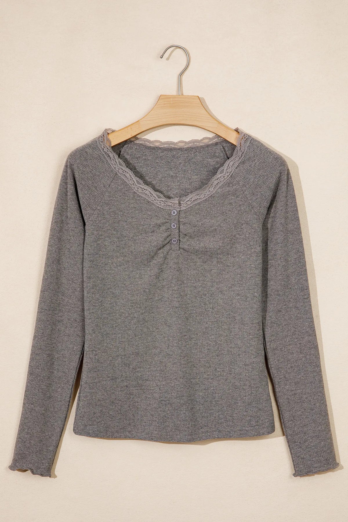 Medium Grey Solid Color Ribbed Lace Trim V-Neck Button Detail Long Sleeve Top