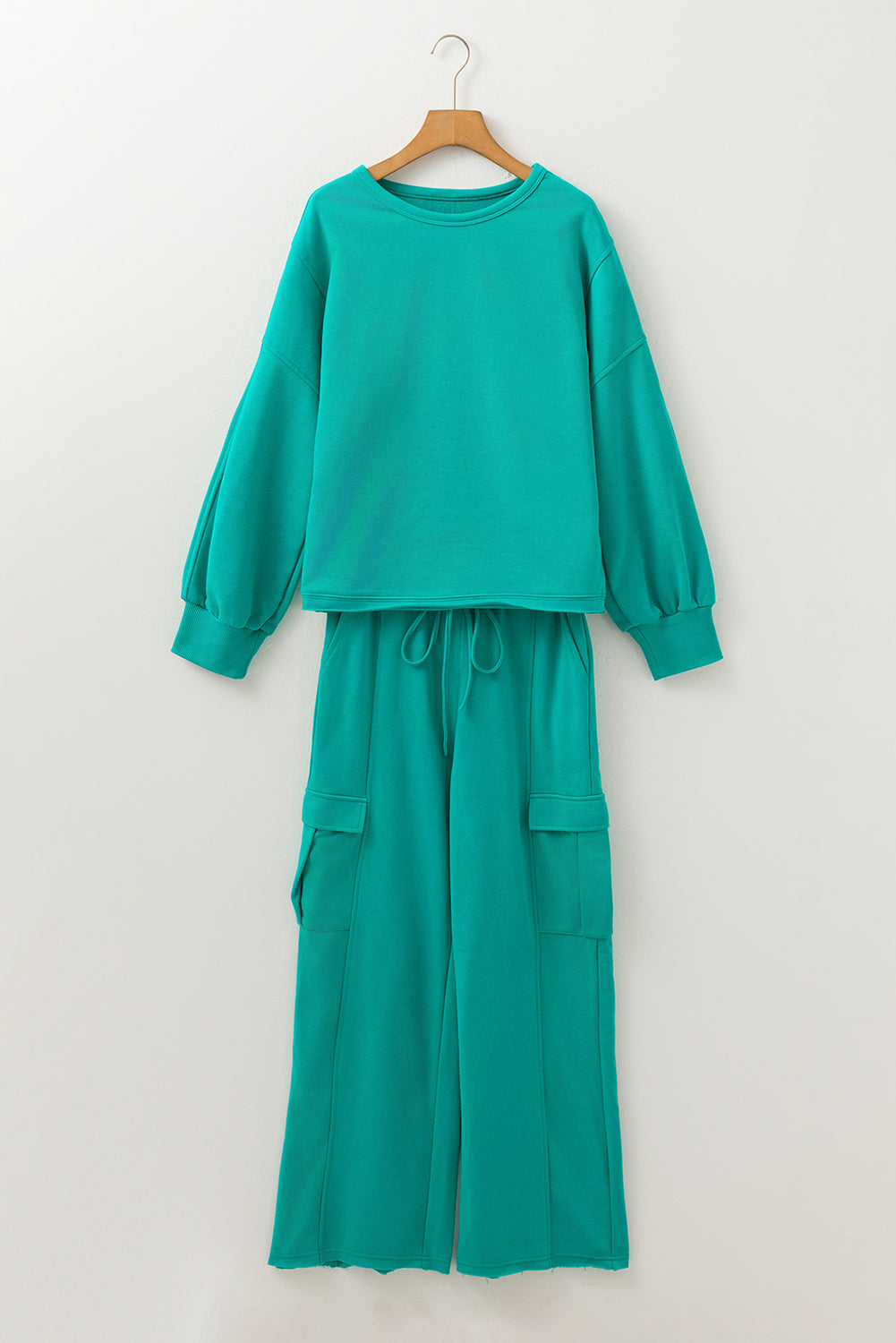 Lapis Solid Colour Mineral Wash Pullover Top and Cargo Trousers Set eAura