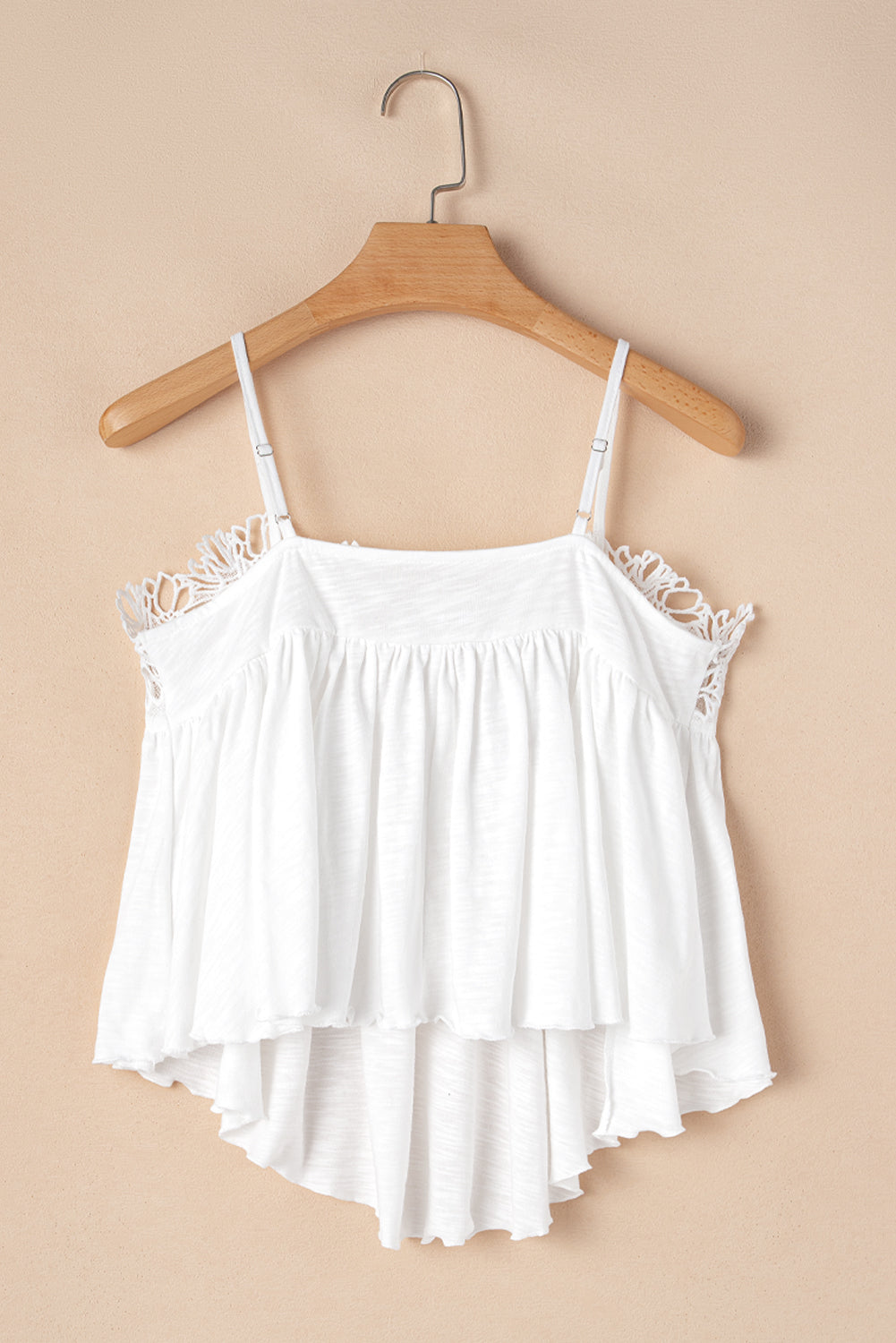 White Lace Splicing Spaghetti Straps Ruffle Flared Vest Top eAura