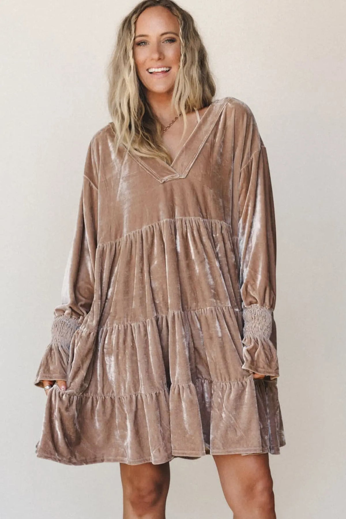 Velvet V-Neck Tiered Mini Dress