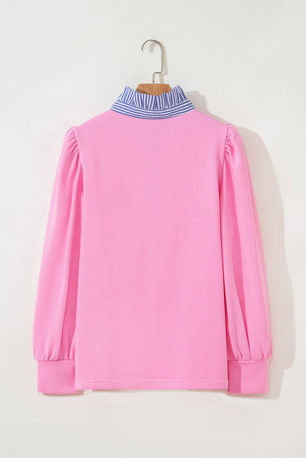 Button Striped Collar Patchwork Puff Sleeve Sweatshirt - eAura