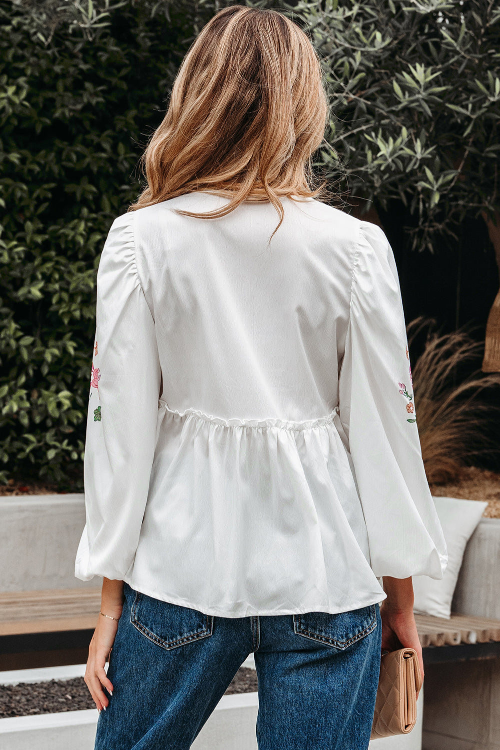 White Flower Lace-up V-Neck Babydoll Blouse eAura