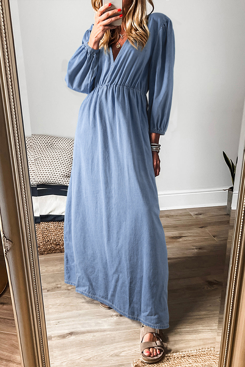 Myosotis Chambray Deep V Neck Bracelet Sleeve Maxi Dress eAura