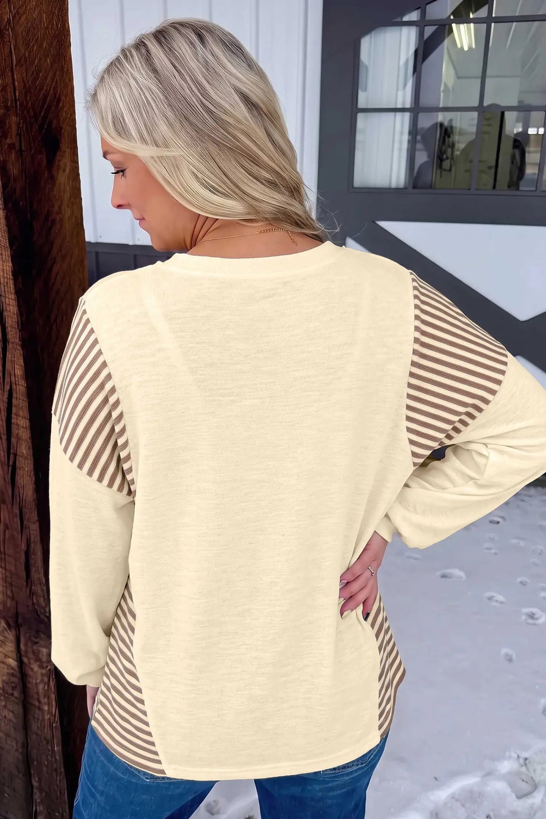 Jet Stream Western Print Striped Detail Long Sleeve Casual Top – Cream