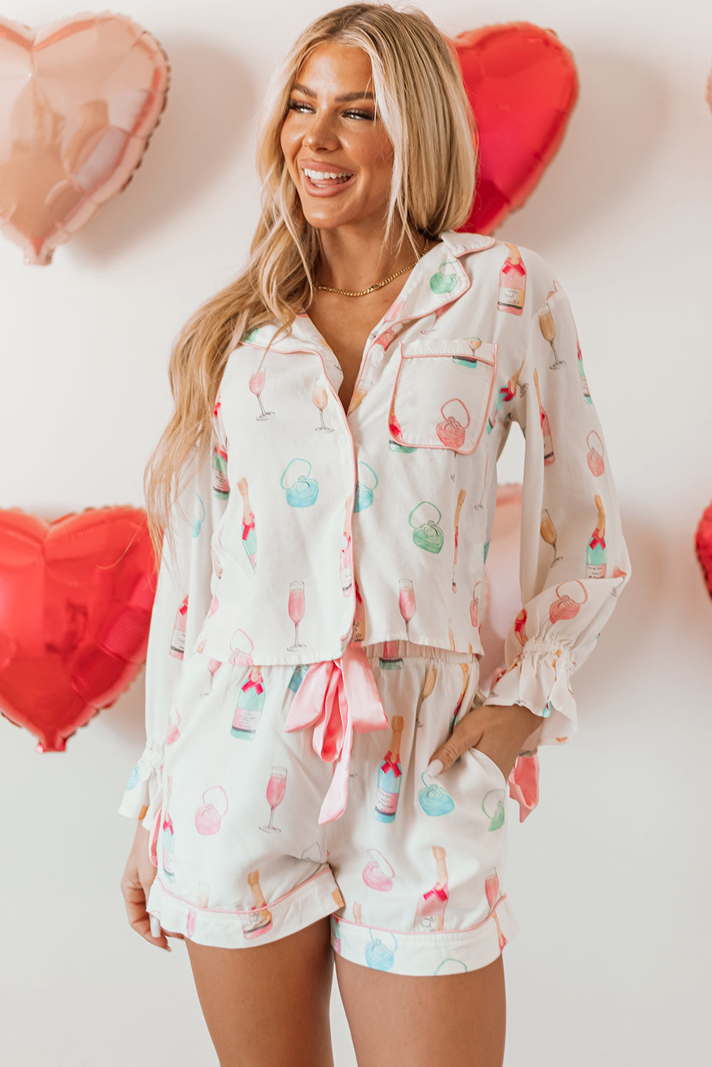 White Christmas Wine Glass Print Bow Knot Two Piece Pyjama Set - eAura