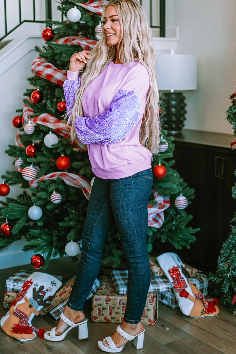 Orchid Petal Sequin Patchwork Long Sleeve Pullover Top eAura