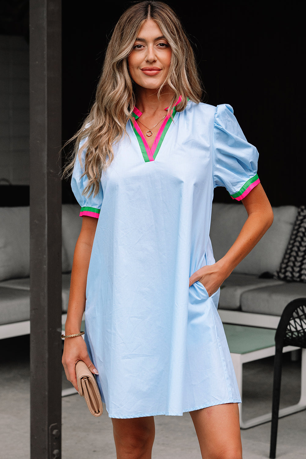 Myosotis Contrast Striped Notched V-Neck Puff Sleeve Mini Dress eAura