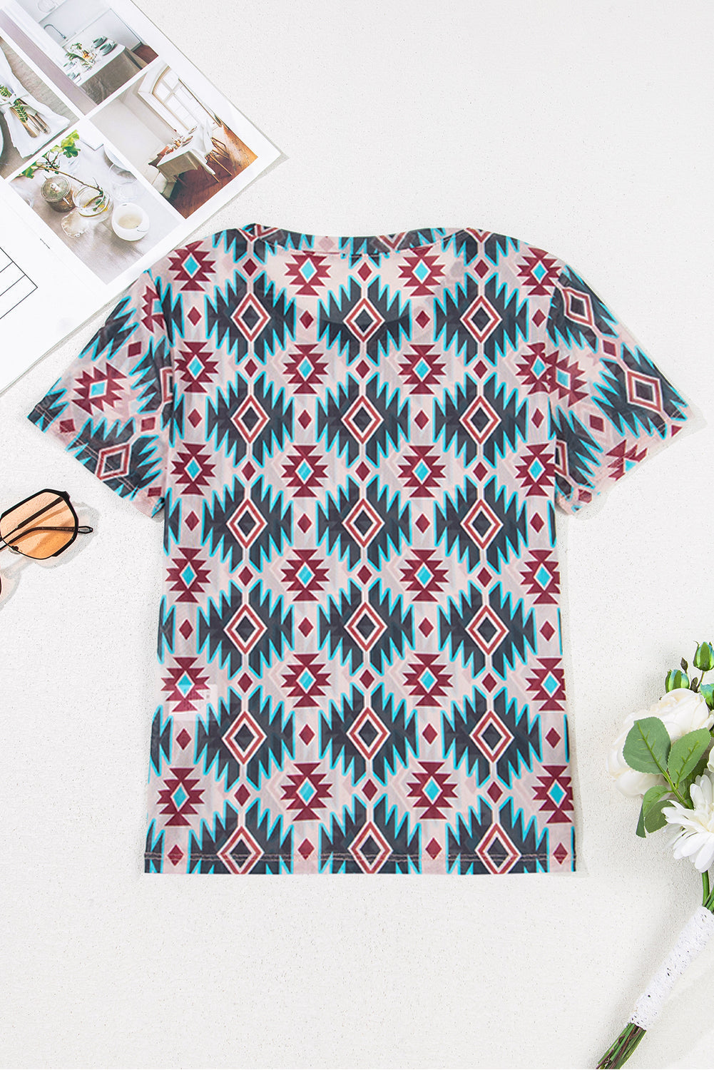Blue Western Aztec Print Mesh Slim T Shirt eAura