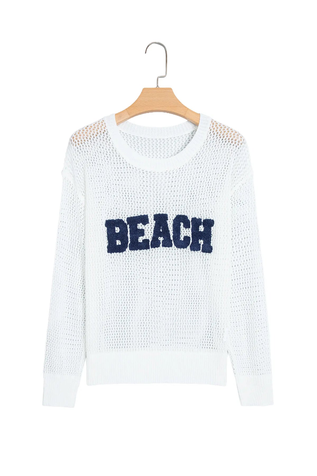 Chenille BEACH Lettering Hollow Out Knit Casual Sweater – White