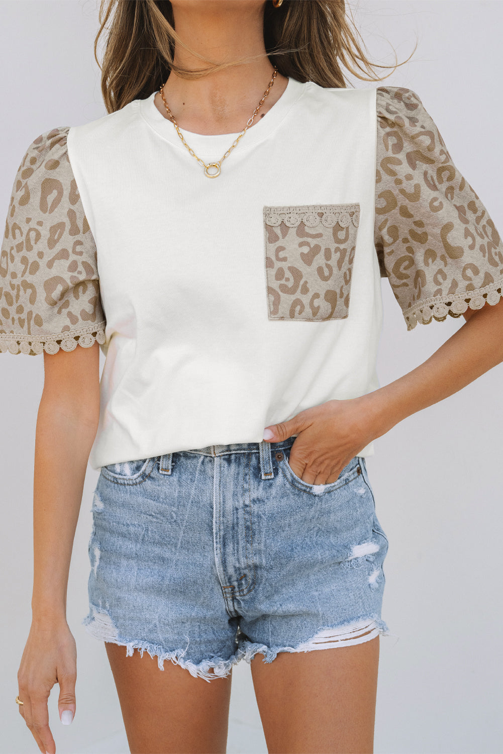 White Leopard Patchwork Crochet Lace Trim Puff Sleeve T Shirt eAura