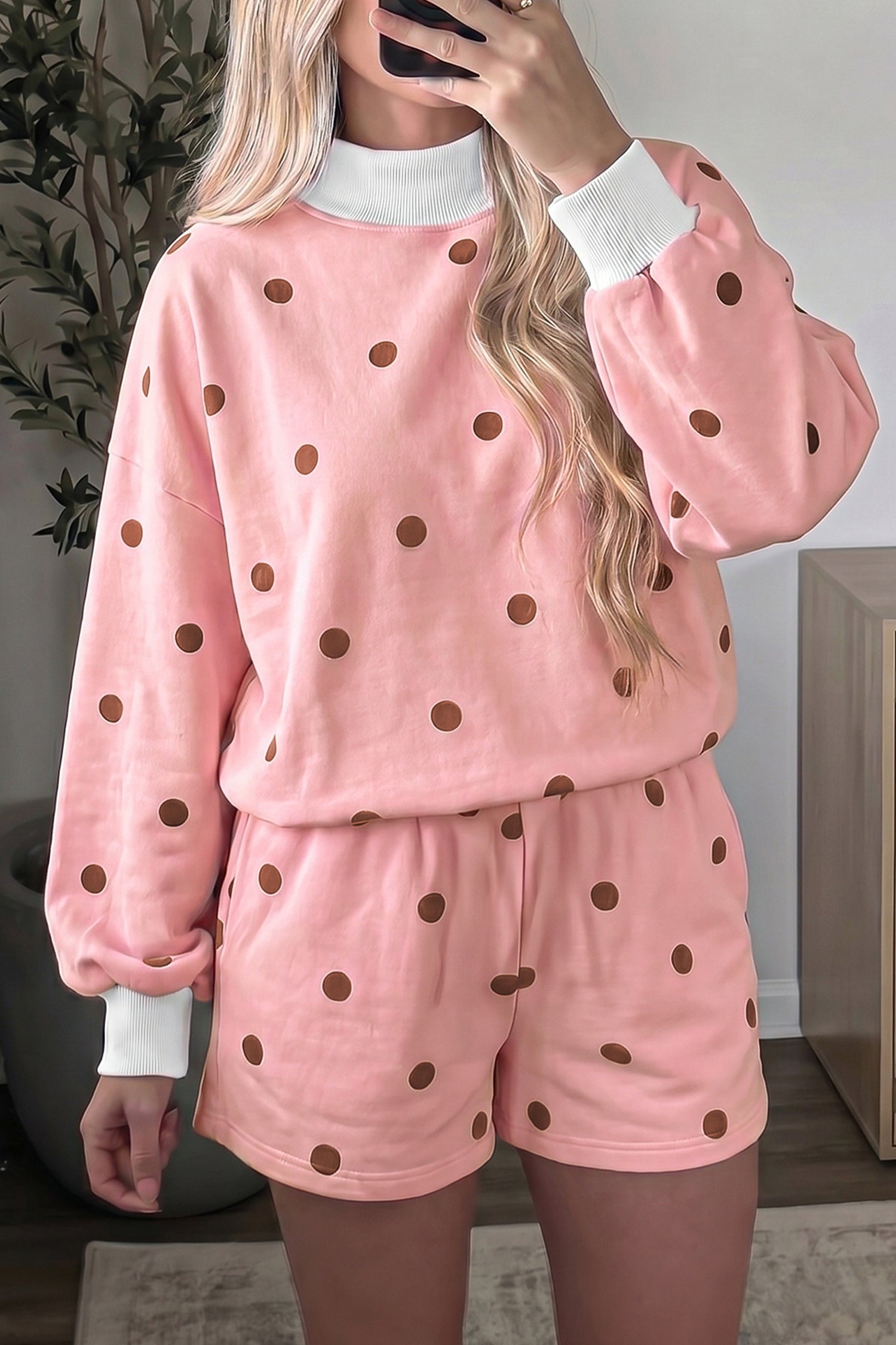 Polka Dot Ribbed Trim Long Sleeve Top Casual Short Set – Brown