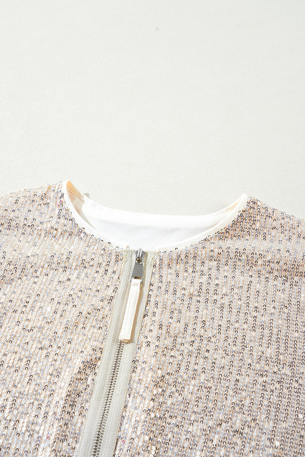 Apricot Sequin Zip up Round Neck Long Sleeve Jacket eAura