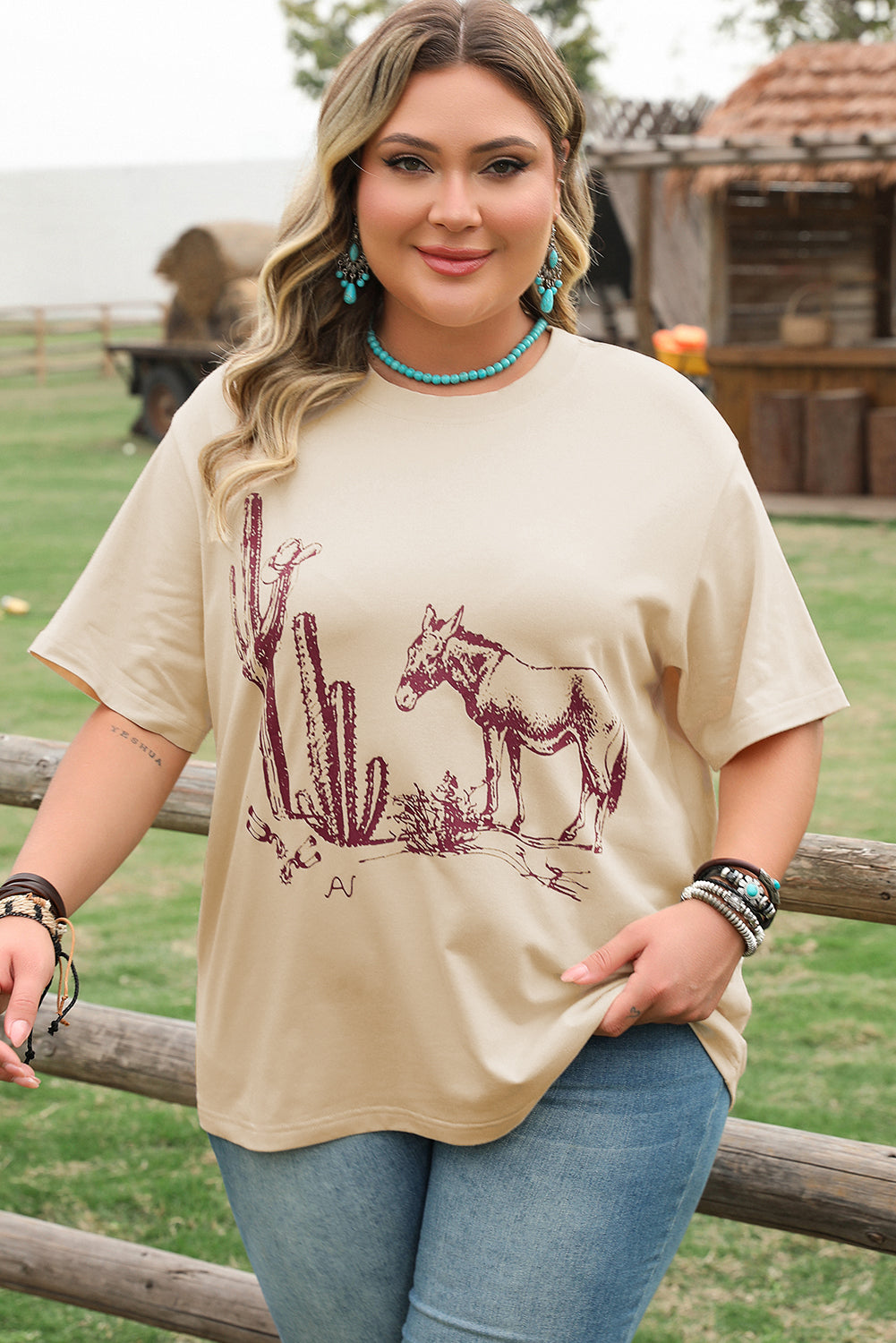 Parchment Western Burro Cactus Crew Neck Graphic Tee BB Fashion Outlet