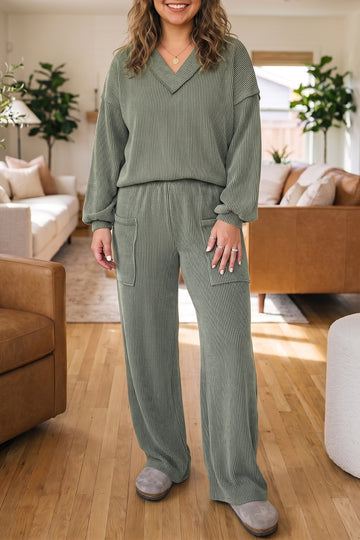 Twisted Ribbed Exposed Seam Detail V Neck Pullover Plus Size Pant Set – Four Leaf Clover