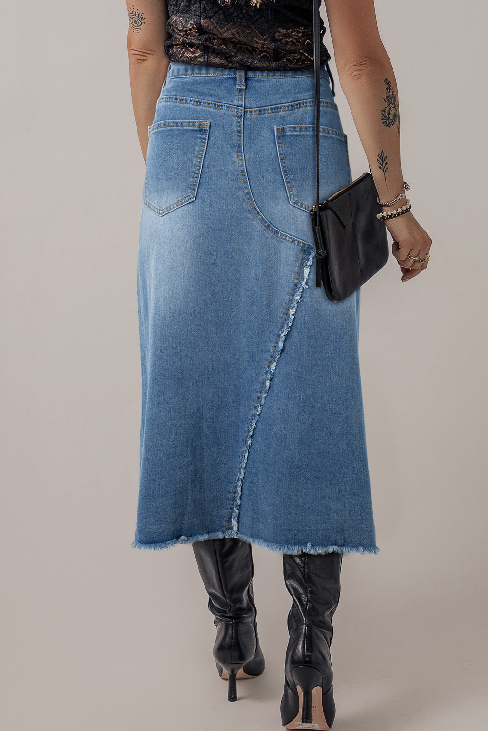 Light Blue Frayed Slit Asymmetric Denim Midi Skirt eAura