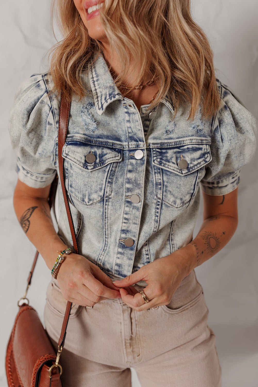 Beau Blue Light Wash Buttoned Chest Pocket Puff Sleeve Denim Jacket eAura