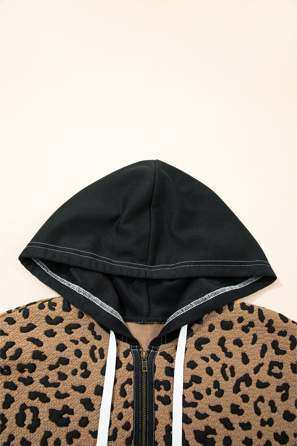 Leopard Patchwork Contrast Stitching Knotted Cuff Quarter Zip Hoodie - eAura