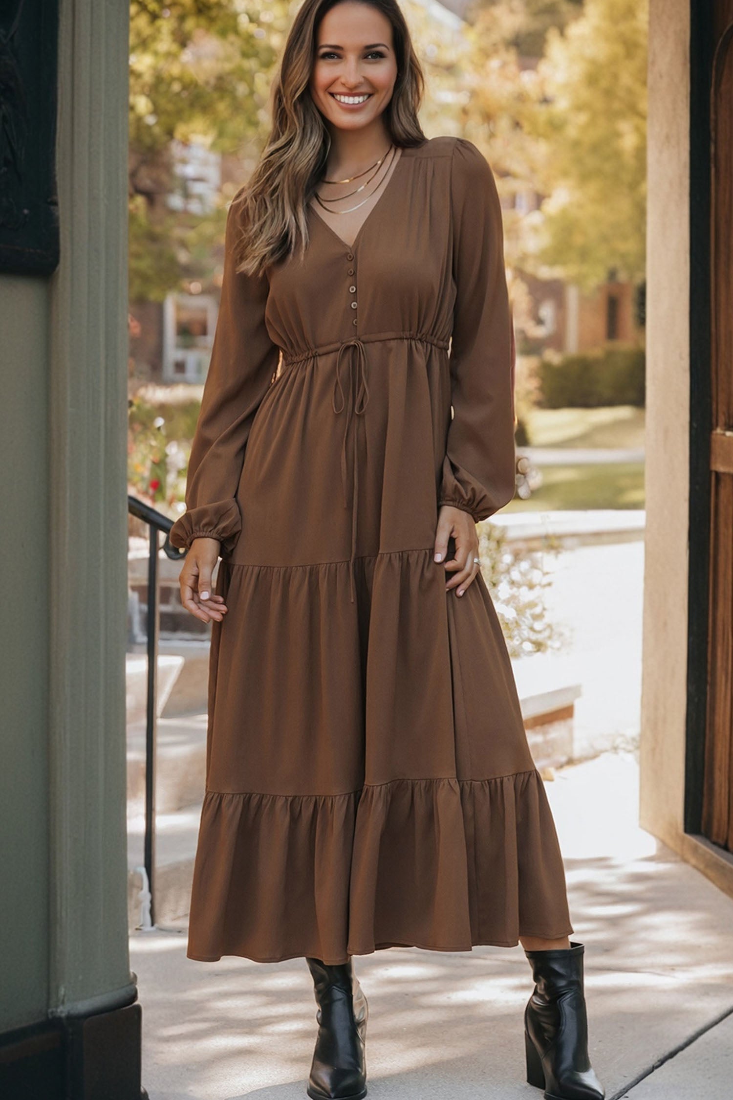 Long Sleeve Button V-Neck Tiered Maxi Dress - eAura
