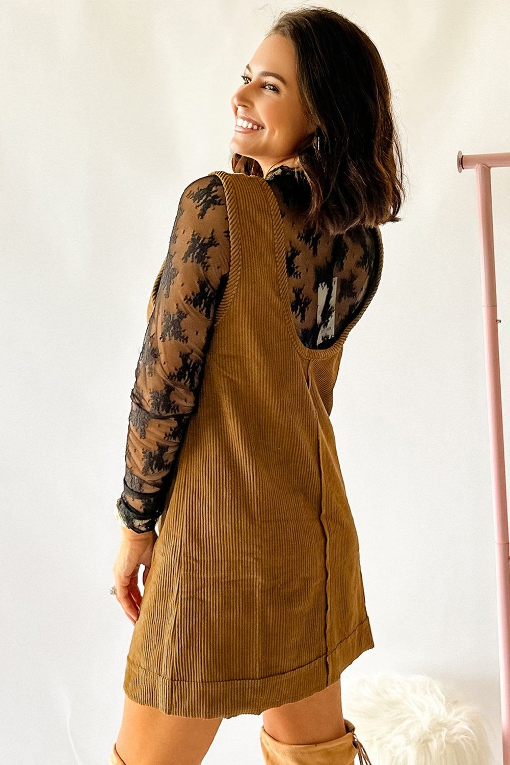 Soft Corduroy Sleeveless Mini Dress With Patched Pockets - eAura