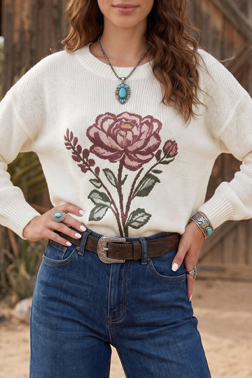 Western Floral Dropped Shoulder Lightweight Knit Sweater – White