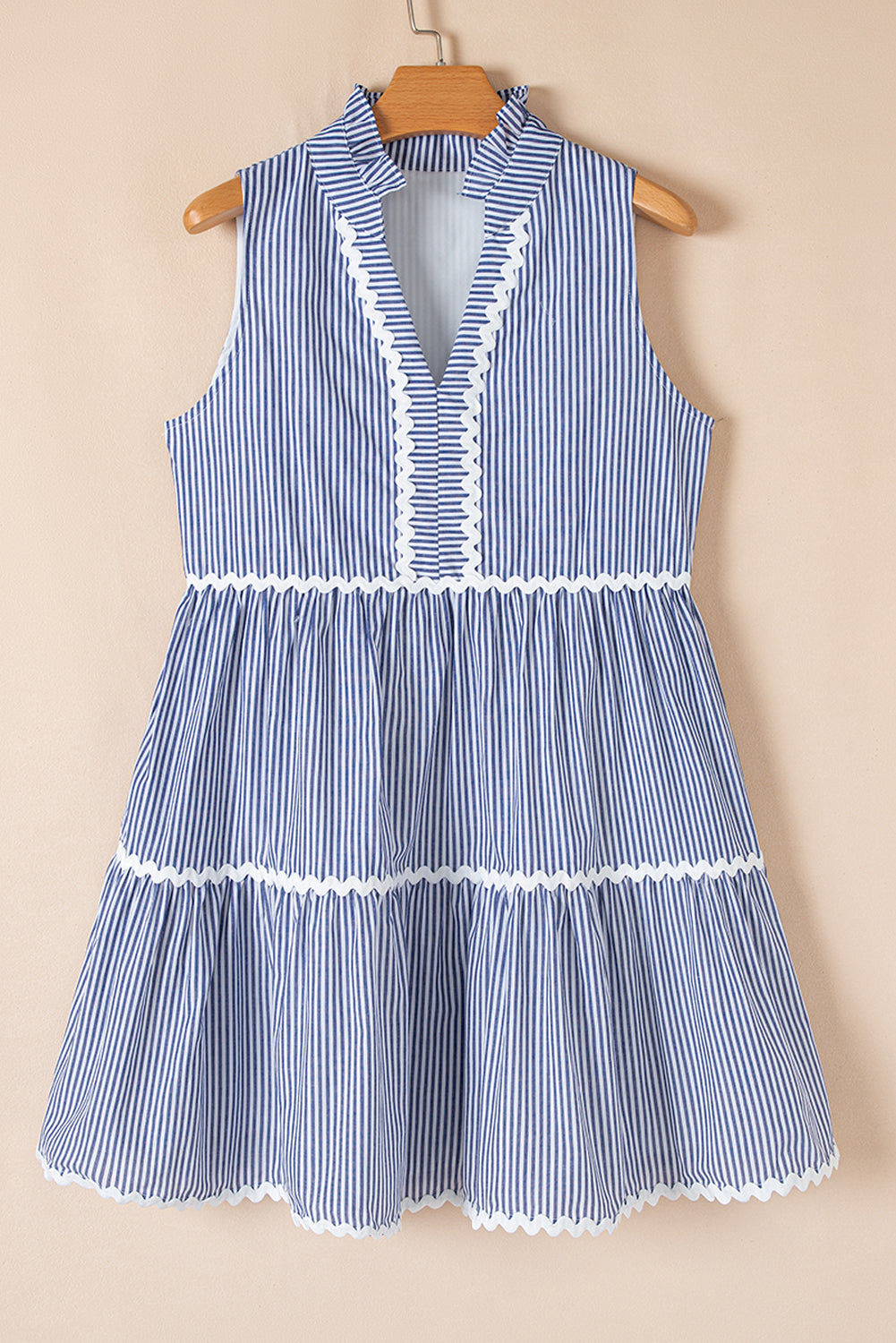 Blue Stripe Sleeveless Notched V Neck Contrast Ric Rac Mini Dress eAura
