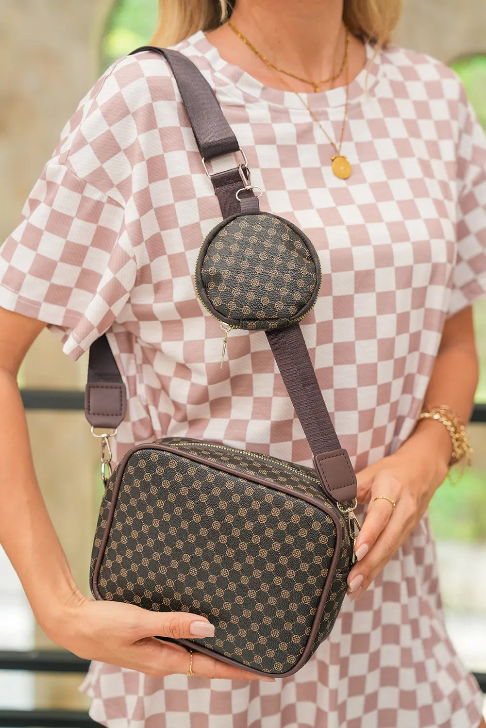 Coffee PU Leather Geometric Pattern Adjustable Strap Shoulder Bag with Wallet