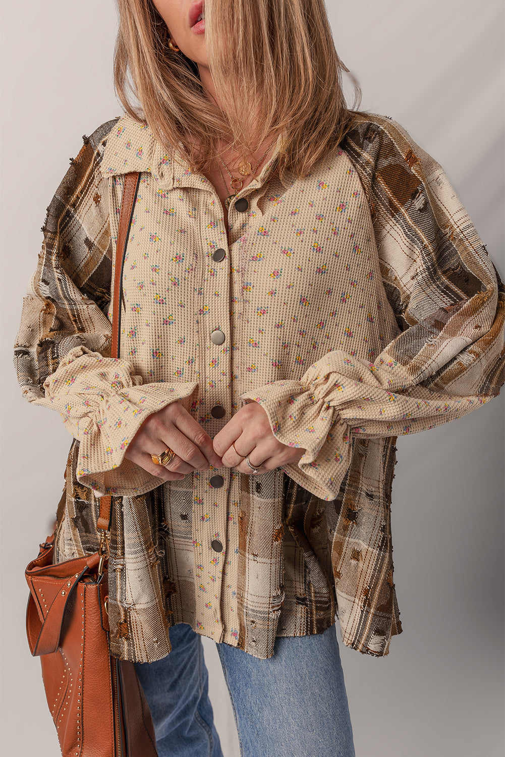 Boho Floral Plaid Patchwork Distressed Detail Ruffled Sleeve Waffle Knit Shacket - eAura