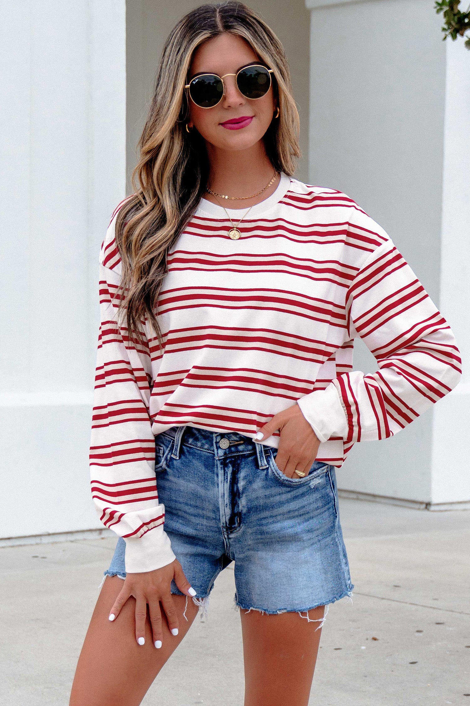 Dropped Shoulder Long Sleeve Casual Pullover Top – Red Stripe