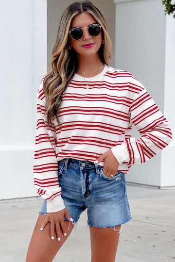 Dropped Shoulder Long Sleeve Casual Pullover Top – Red Stripe