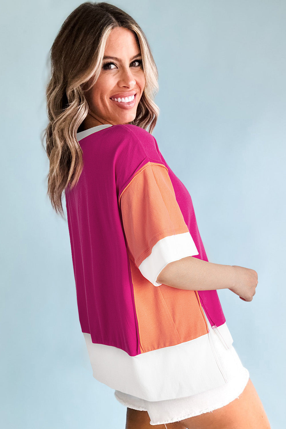 Rose Red Colour Block Patchwork Side Slits Loose Fit T Shirt eAura