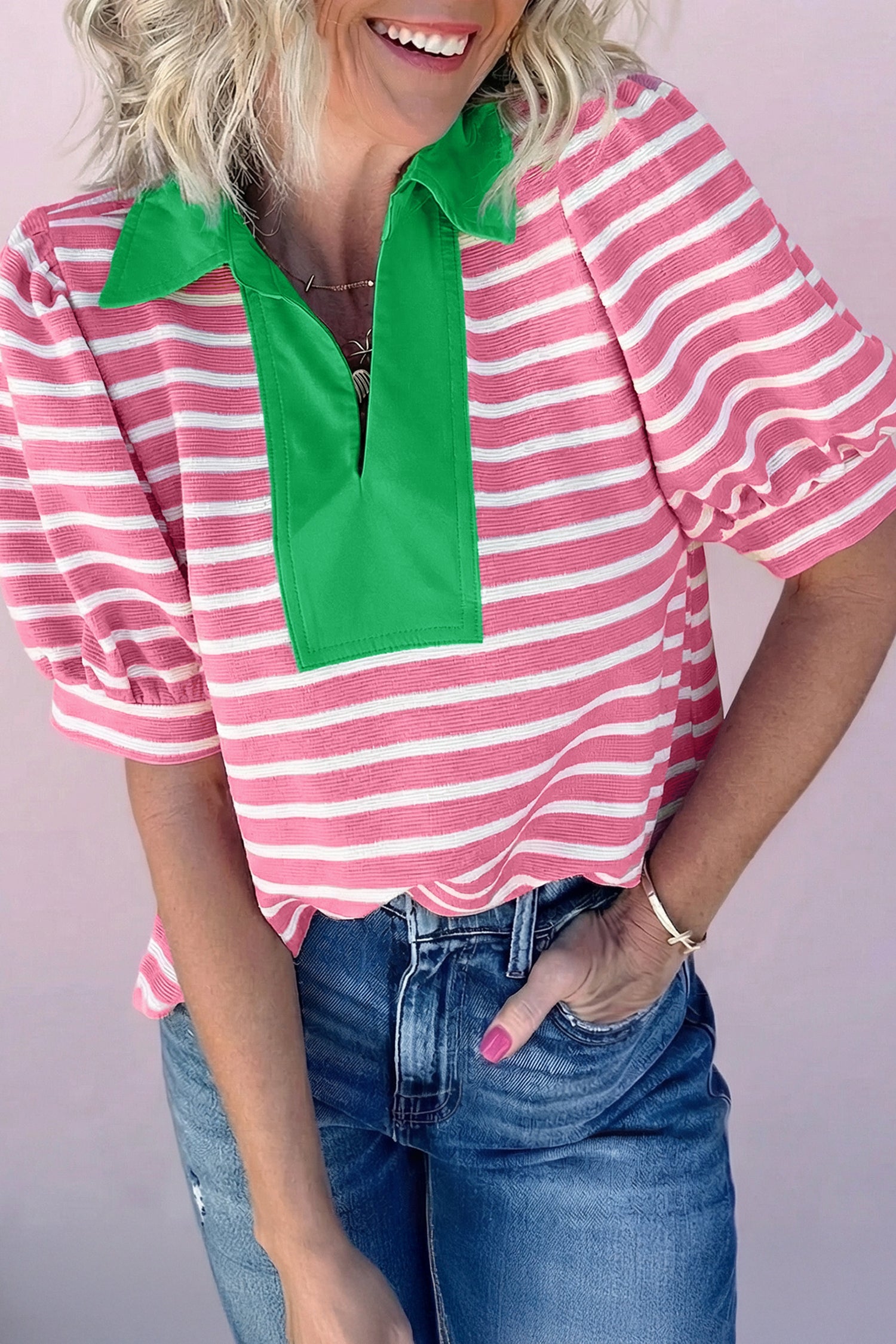 Short Puff Sleeve Color Block Polo Collar Blouse – Pink Stripe