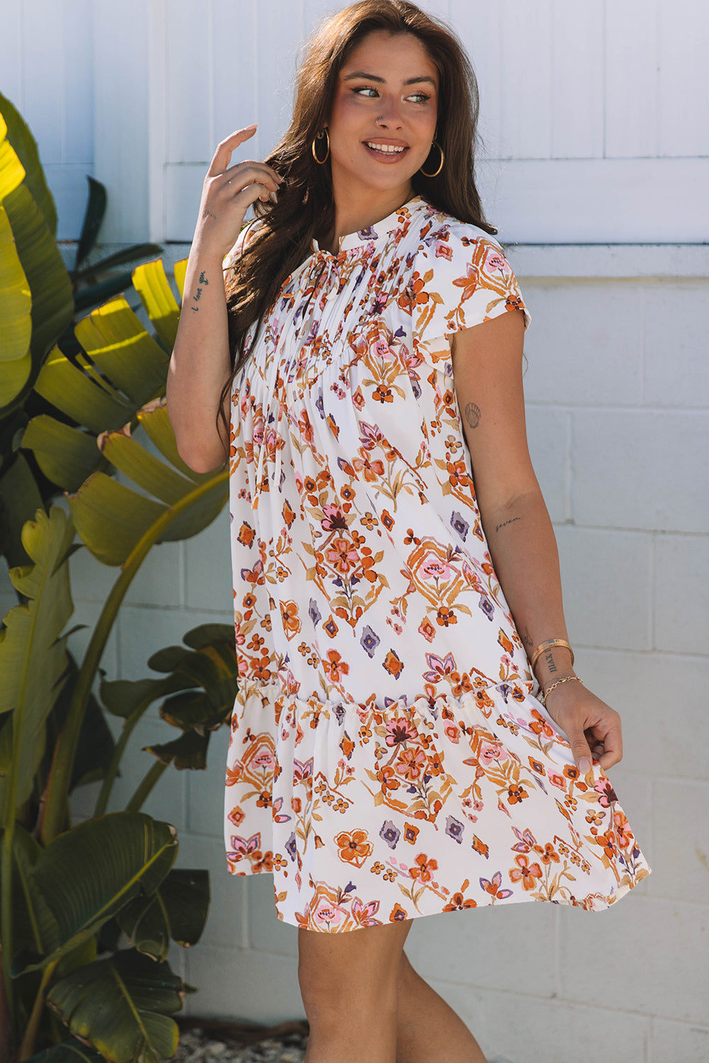 Apricot Floral Geometric Print Ruffled Trim Flutter Sleeve Mini Dress eAura