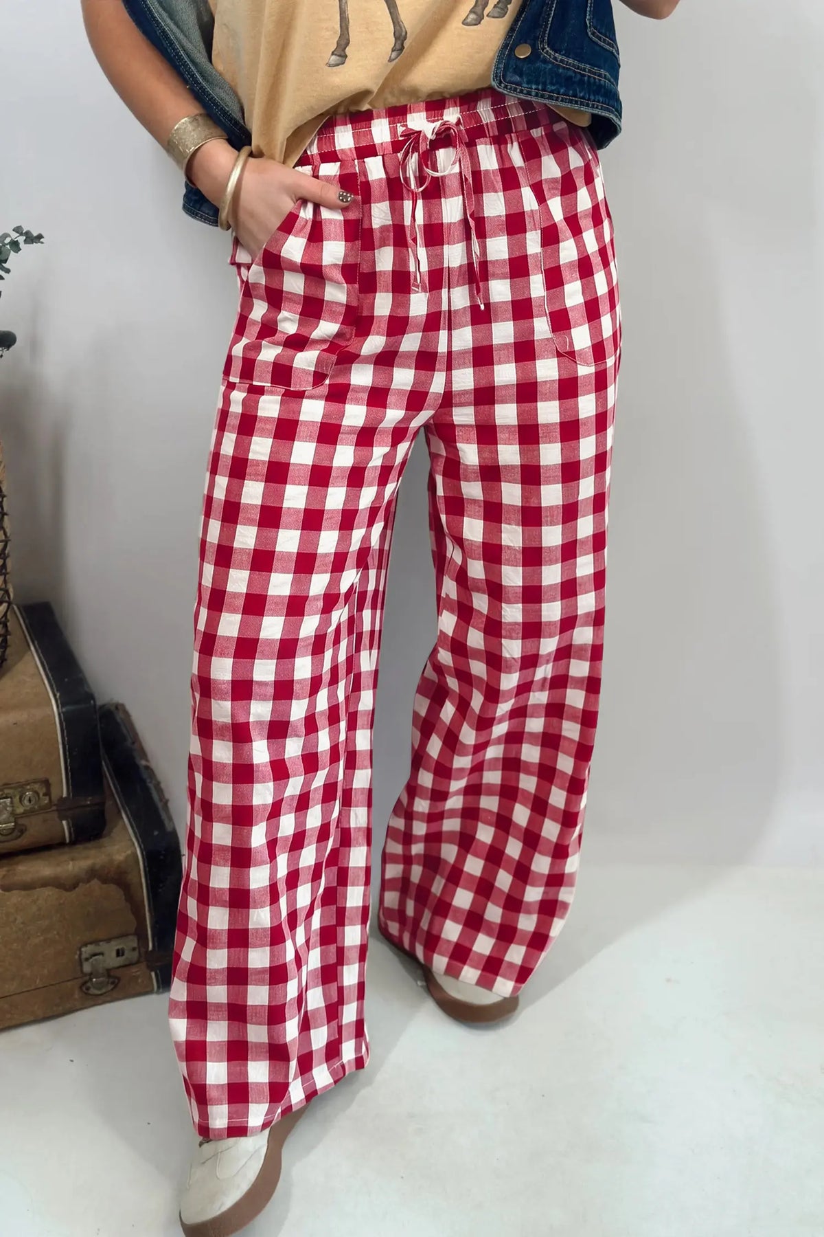 Tie Elastic Waist Shift Pants — Gingham Plaid