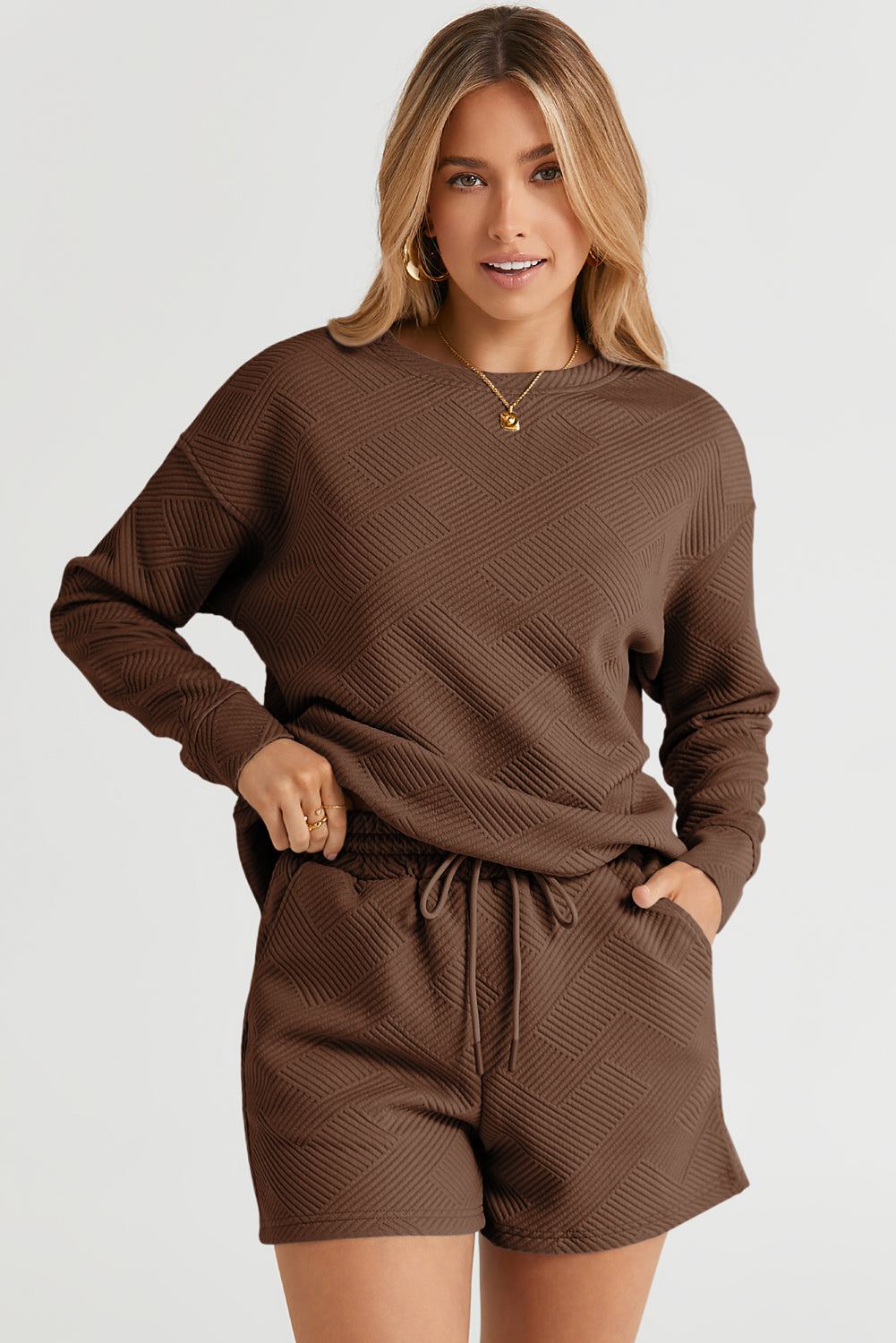 Navy Blue Textured Long Sleeve Top and Drawstring Shorts Set eAura