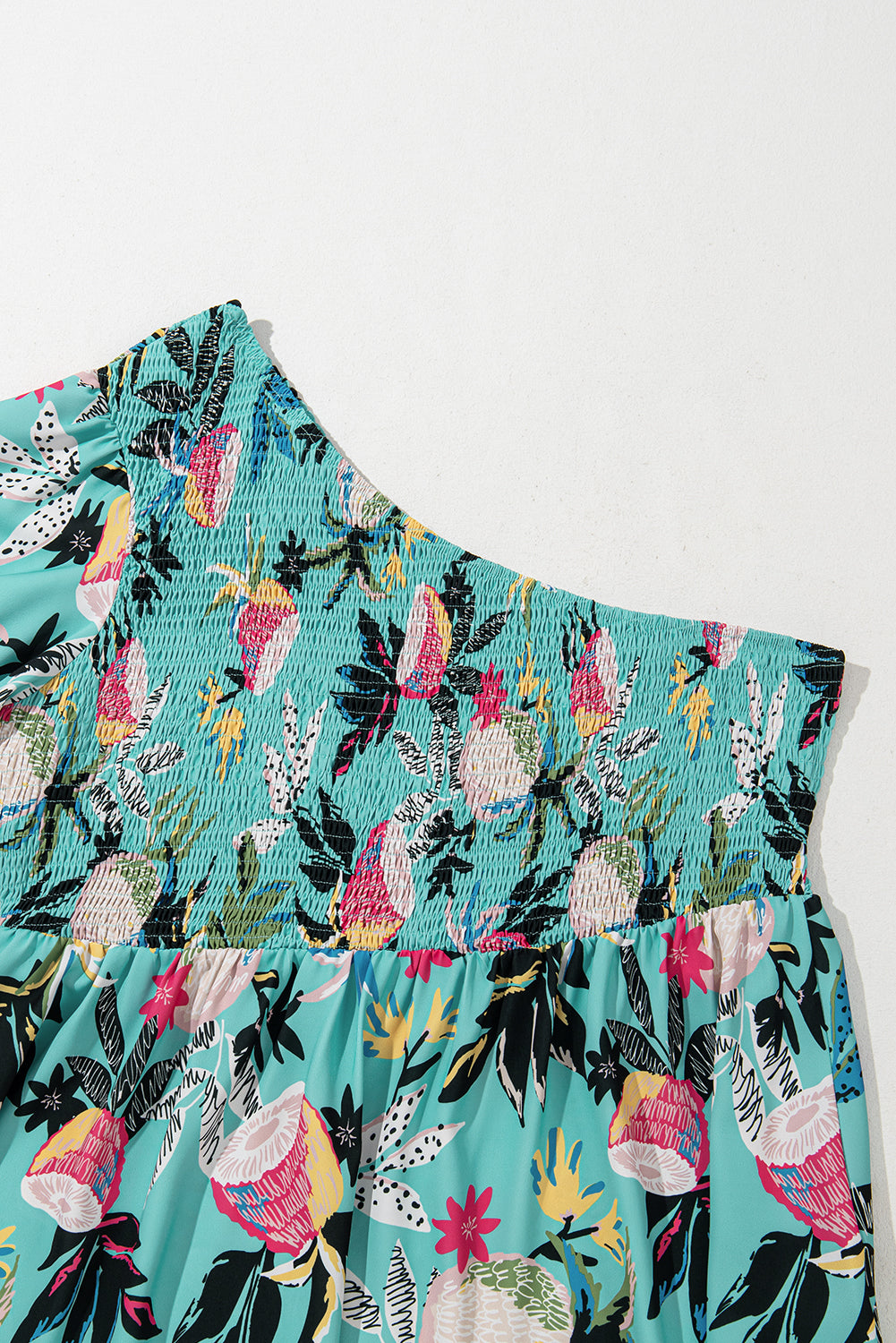 Green Plus Size Floral Smocked Bodice Single Puff Short Sleeve Babydoll Blouse BB Fashion Outlet