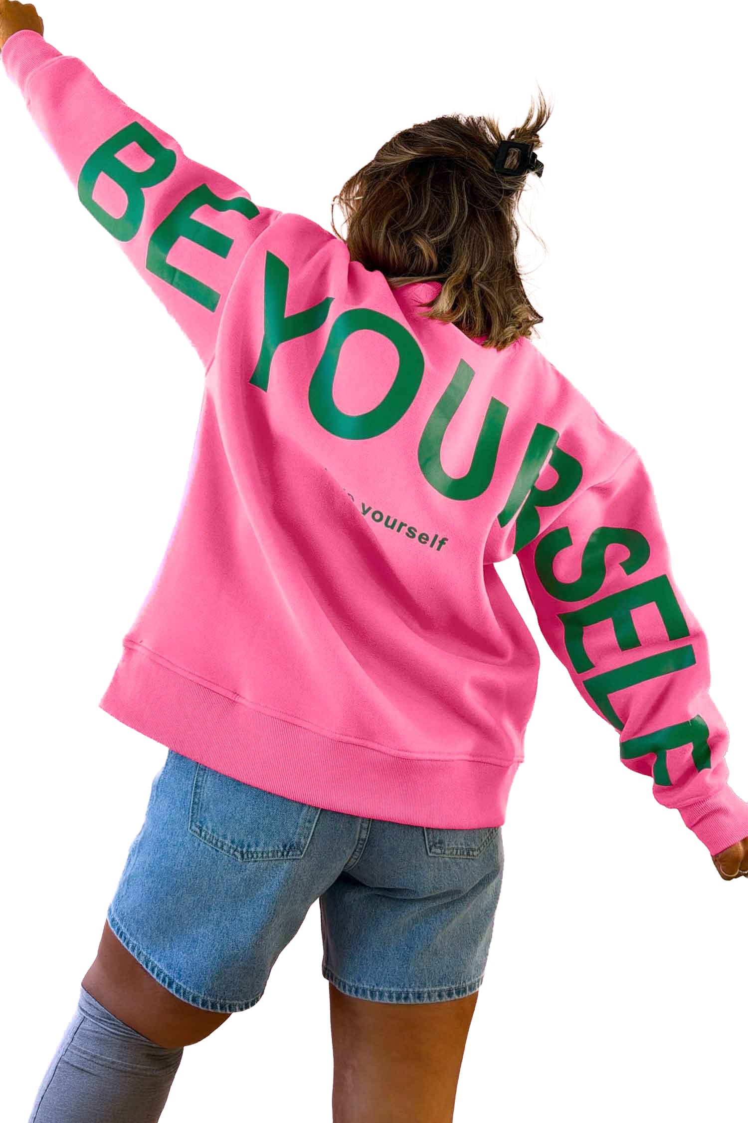 Slogan Print Round Neck Long Sleeve Sweatshirt – Sachet Pink