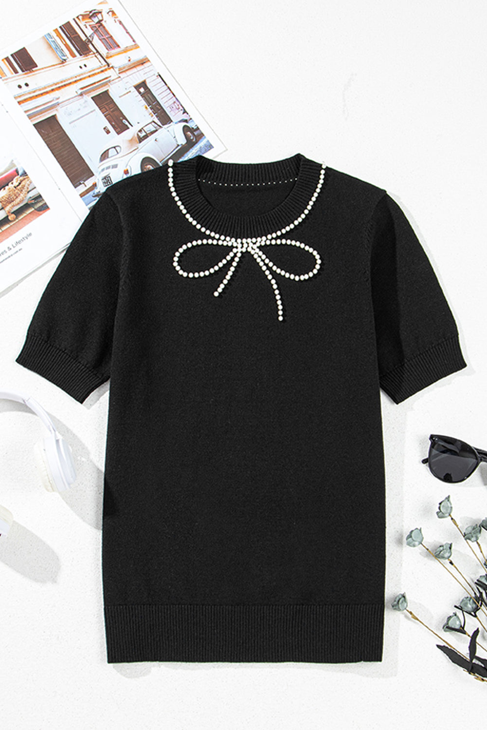 Black Pearl Bow Necklace Embellished Short Sleeve Knitted T Shirt eAura