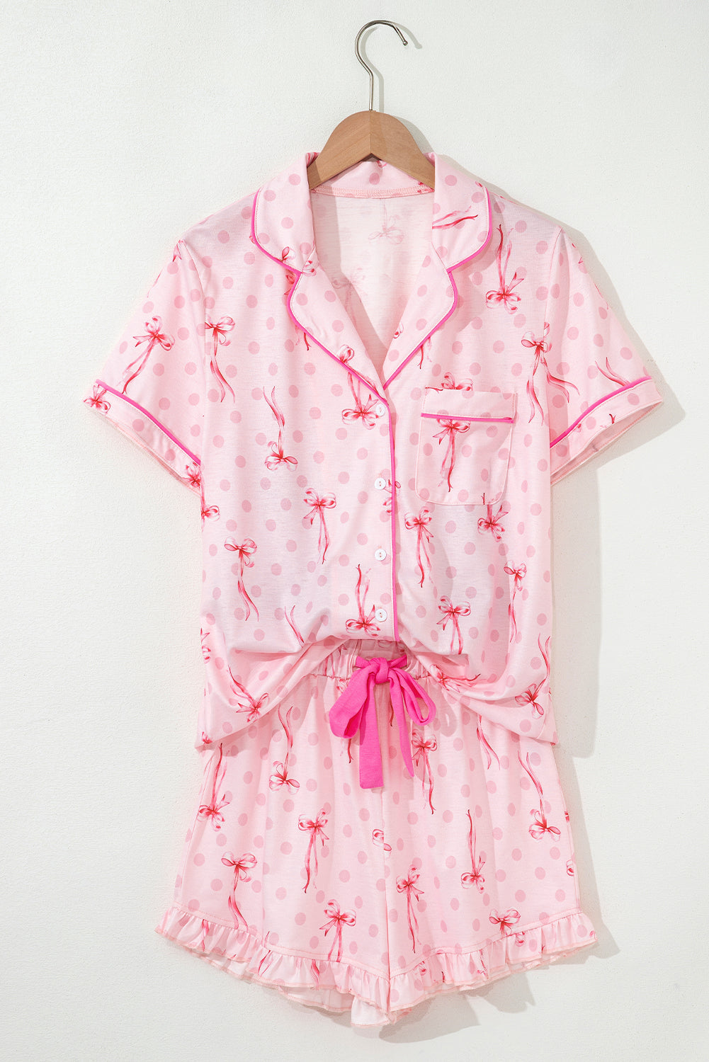 Pink Bow Print Contrast Pipping Short Pyjamas Set eAura