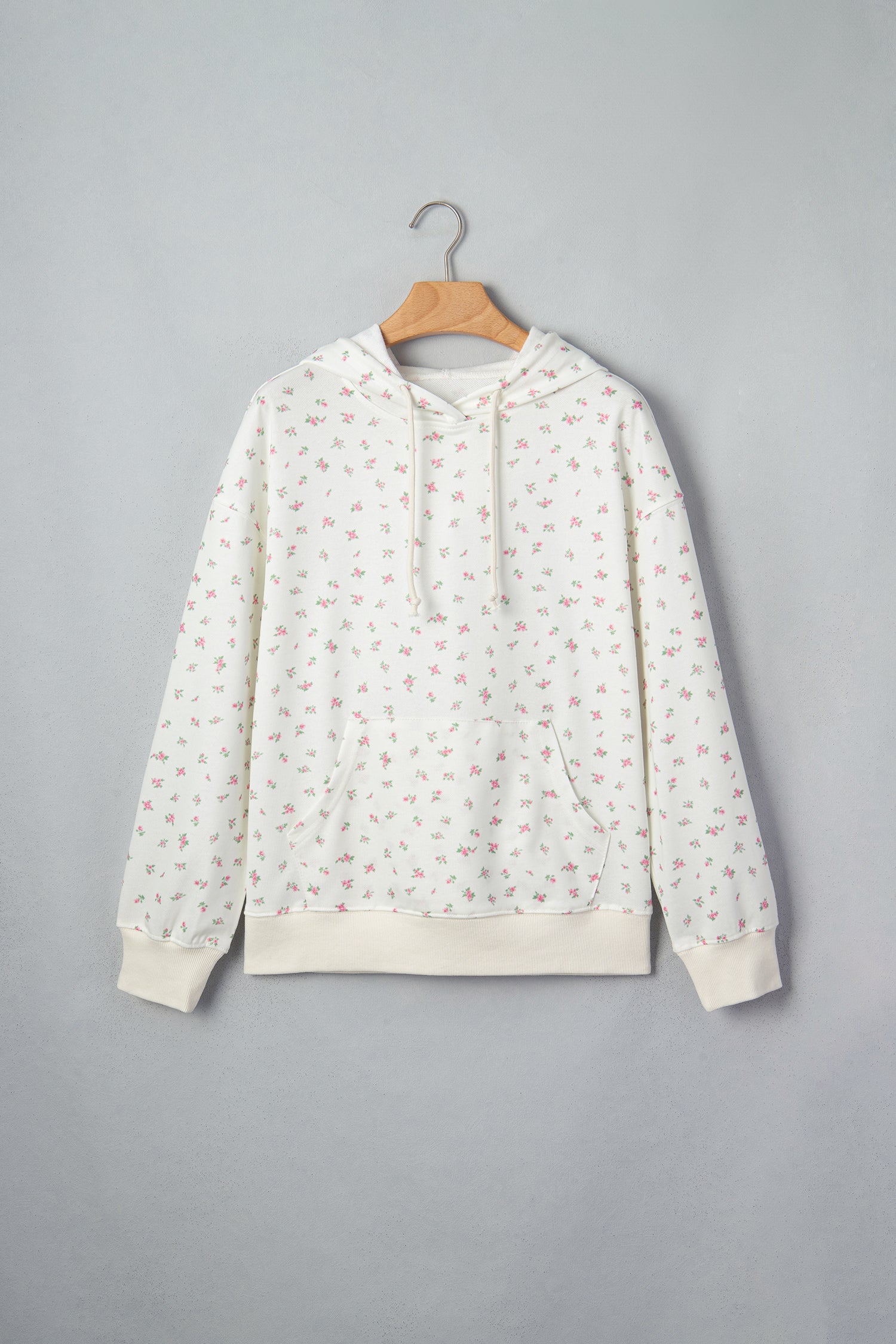 Floral Print Ribbing Drawstring Hem Long Sleeve Hoodie – White