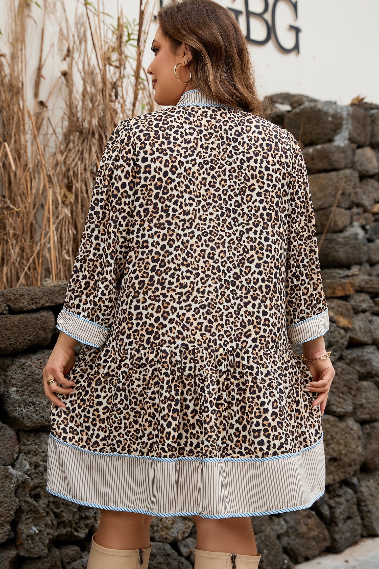 Plus Size Leopard Print Striped Trim V-Neck Drop Waist Long Sleeve Mini Dress - eAura