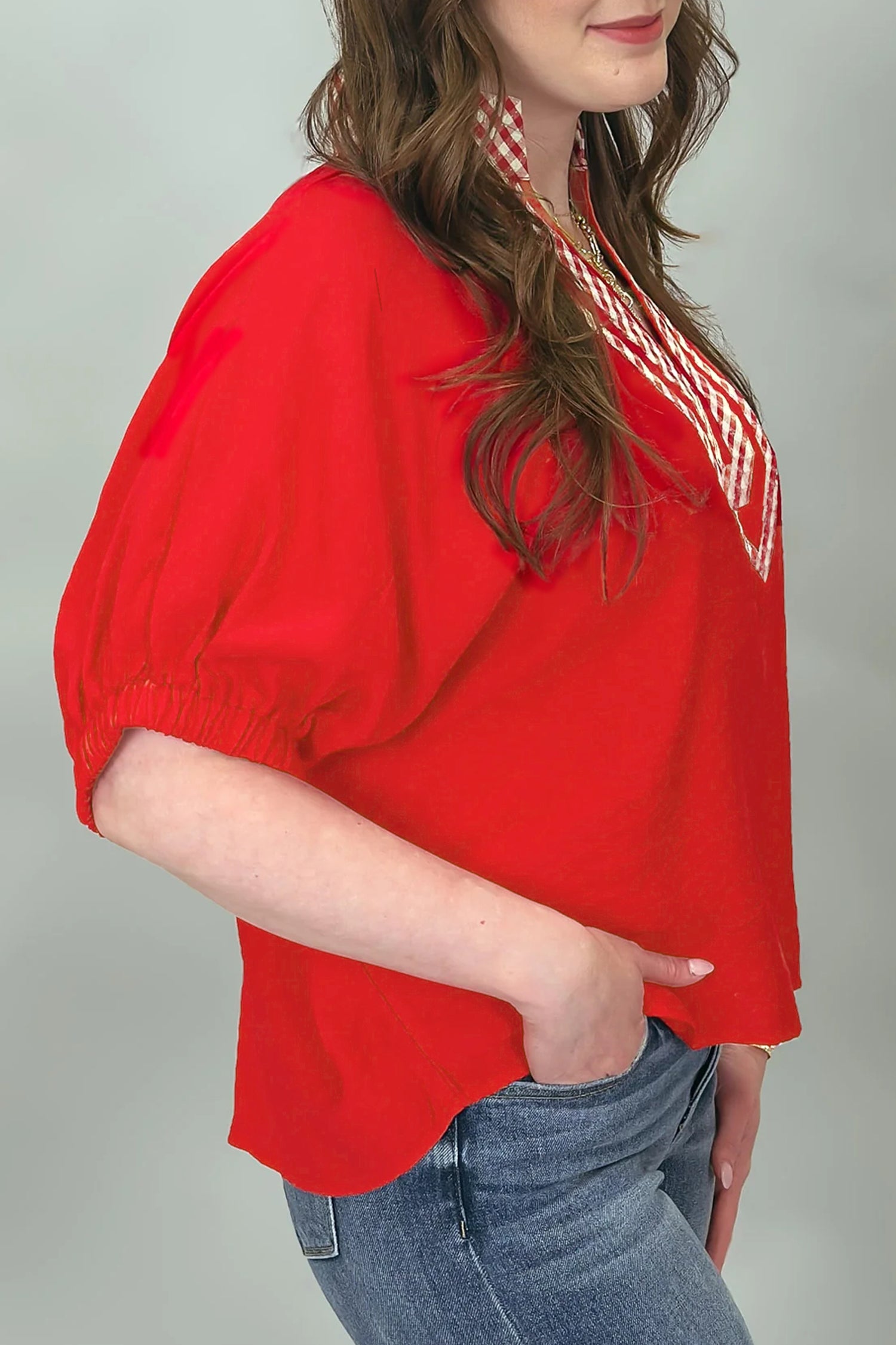 Red V Neck Plaid Collar Short Sleeve Tunic Blouse – Fiery Red