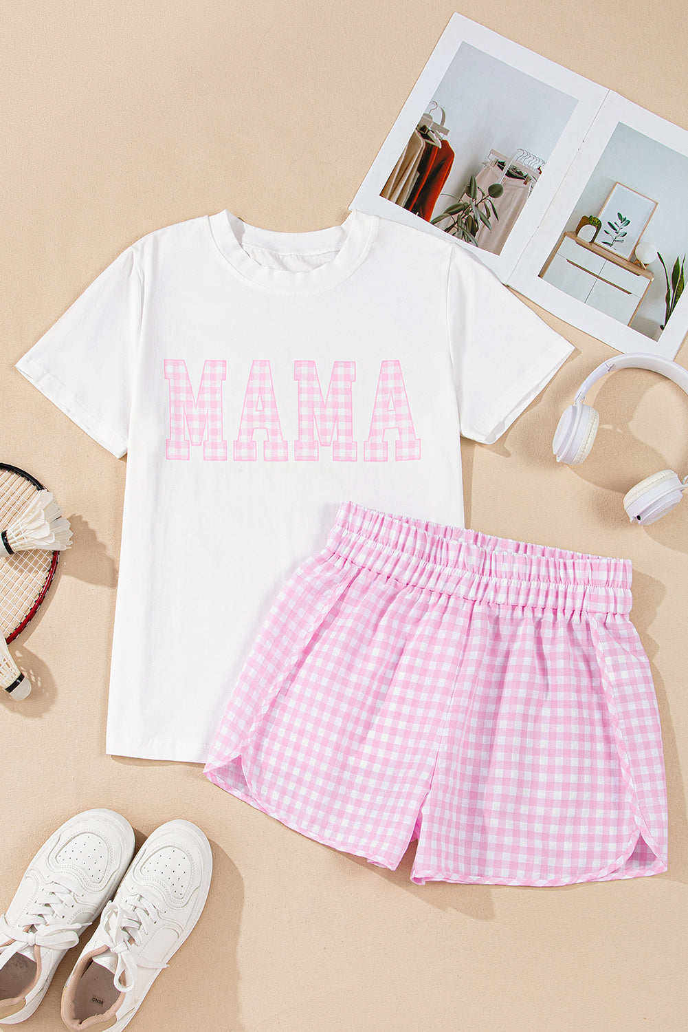 White MAMA Printed Tee and Plaid Shorts Lounge Set eAura